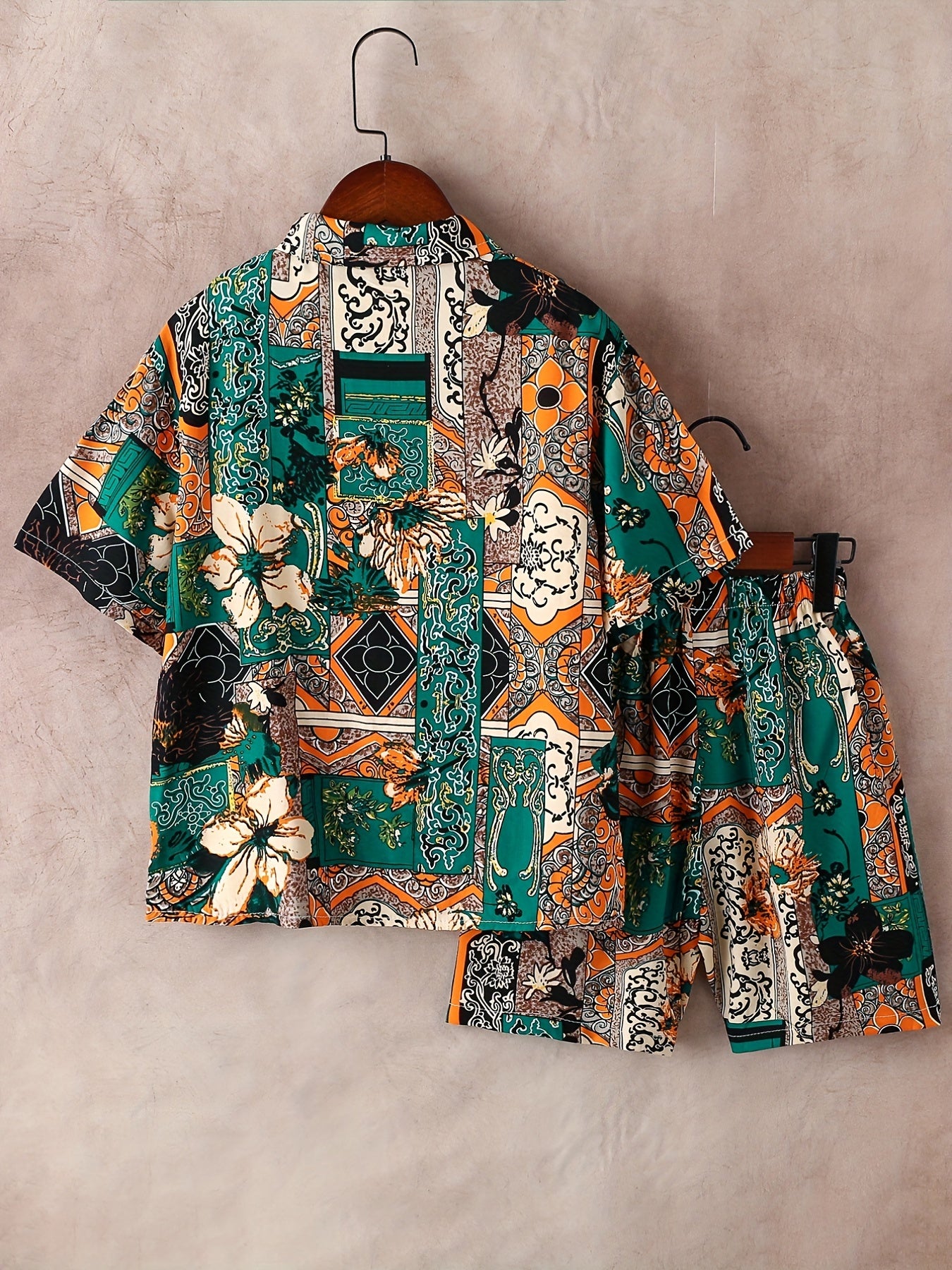 Boys Flower Print Outfit Short Sleeves Button Down Shirt & Shorts