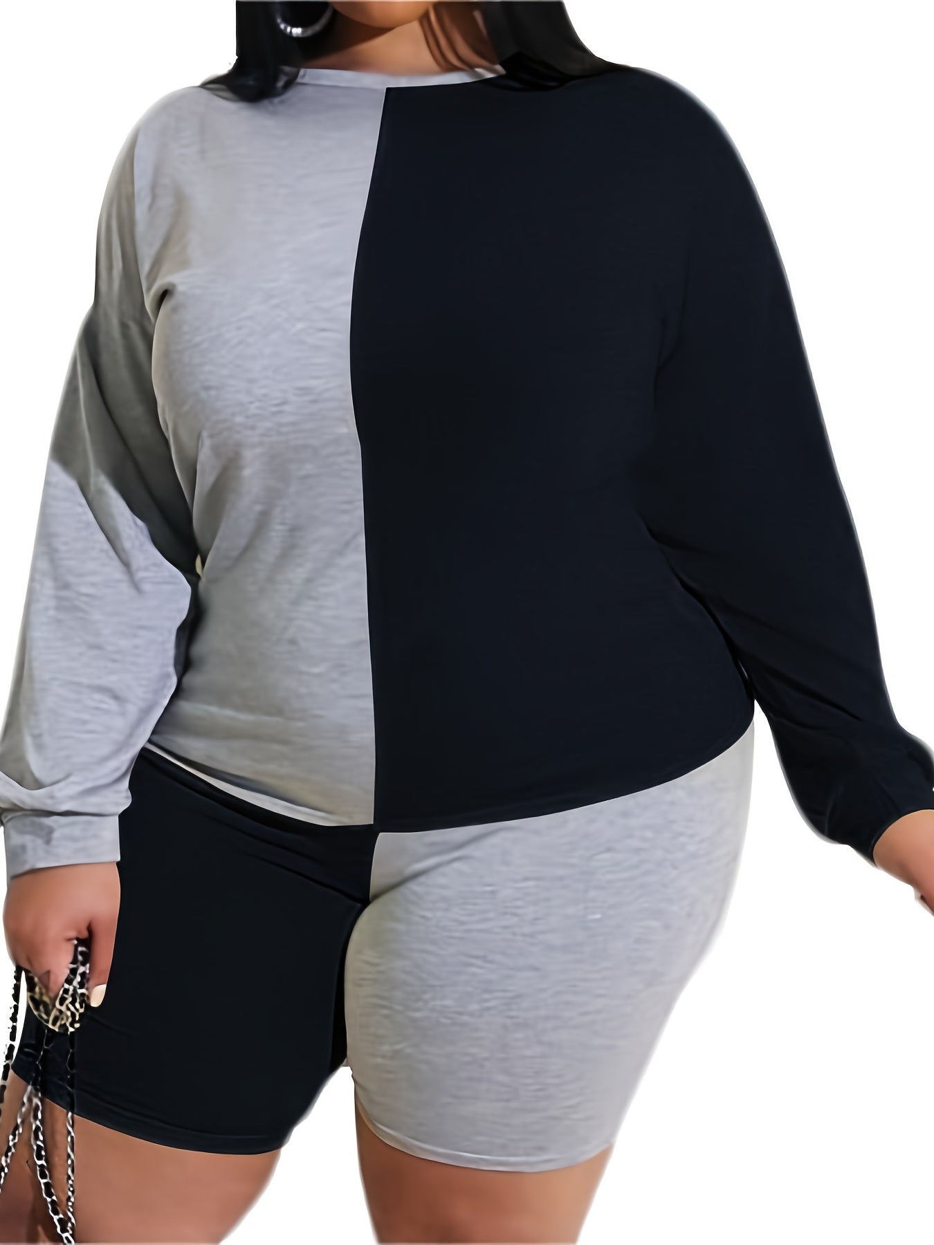 Colorblock Long Sleeve Tee & Skinny Shorts Set Plus Size