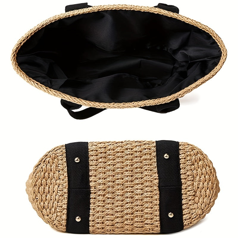 Straw Woven Summer Beach Tote Large Capacity Shoulder Bag Women's Rattan Handbag