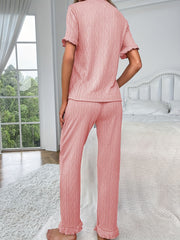 Solid Textured Short Sleeve Ruffle Trim Tee & Pants 2 Pc Set