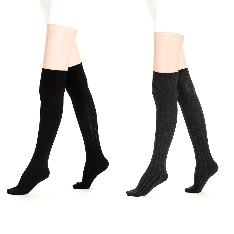 2 Pairs Solid Thigh High Socks Women's Stockings