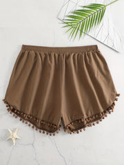 Boho Shorts Pompom Trim Elastic Stretch Shorts