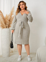 Ribbed Lantern Sleeve Dress With Belt