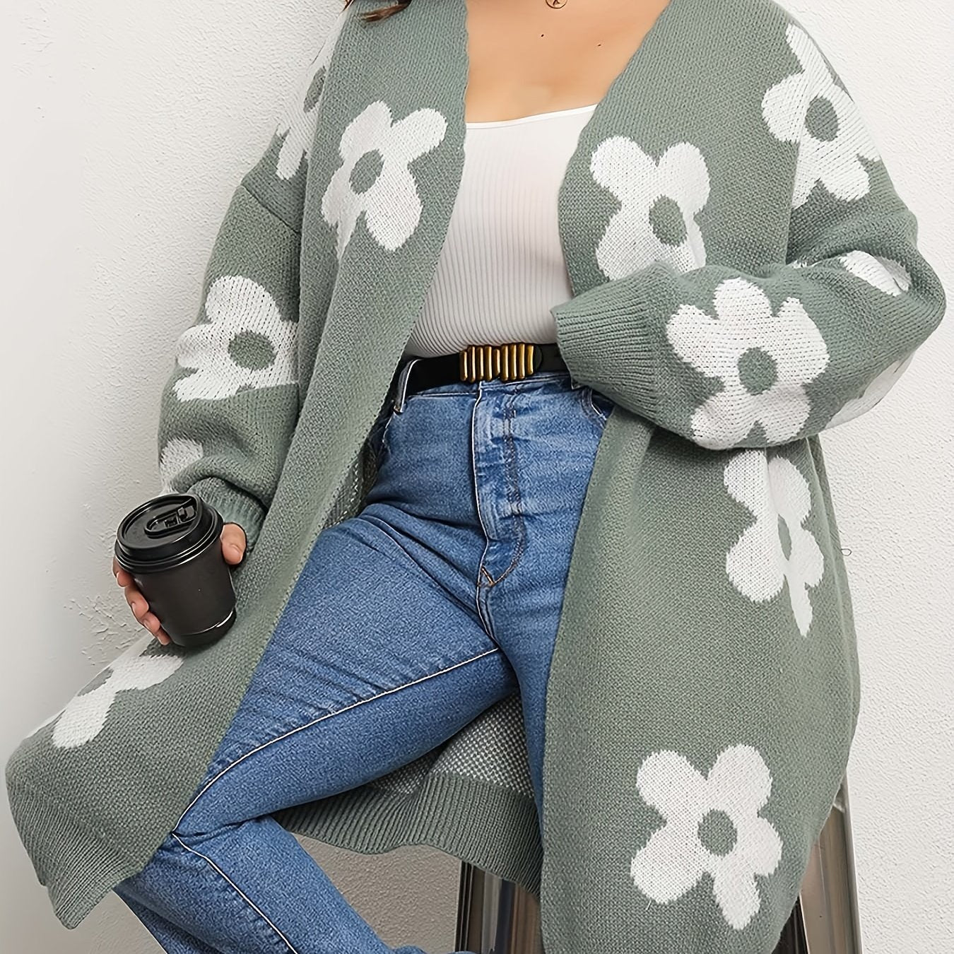 Floral Pattern V-Neck Drop Shoulder Cardigan
