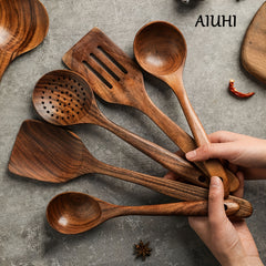 5pcs Teak Wooden Kitchen Utensil Set Skimmer Spoon Wood Turner Cutlery