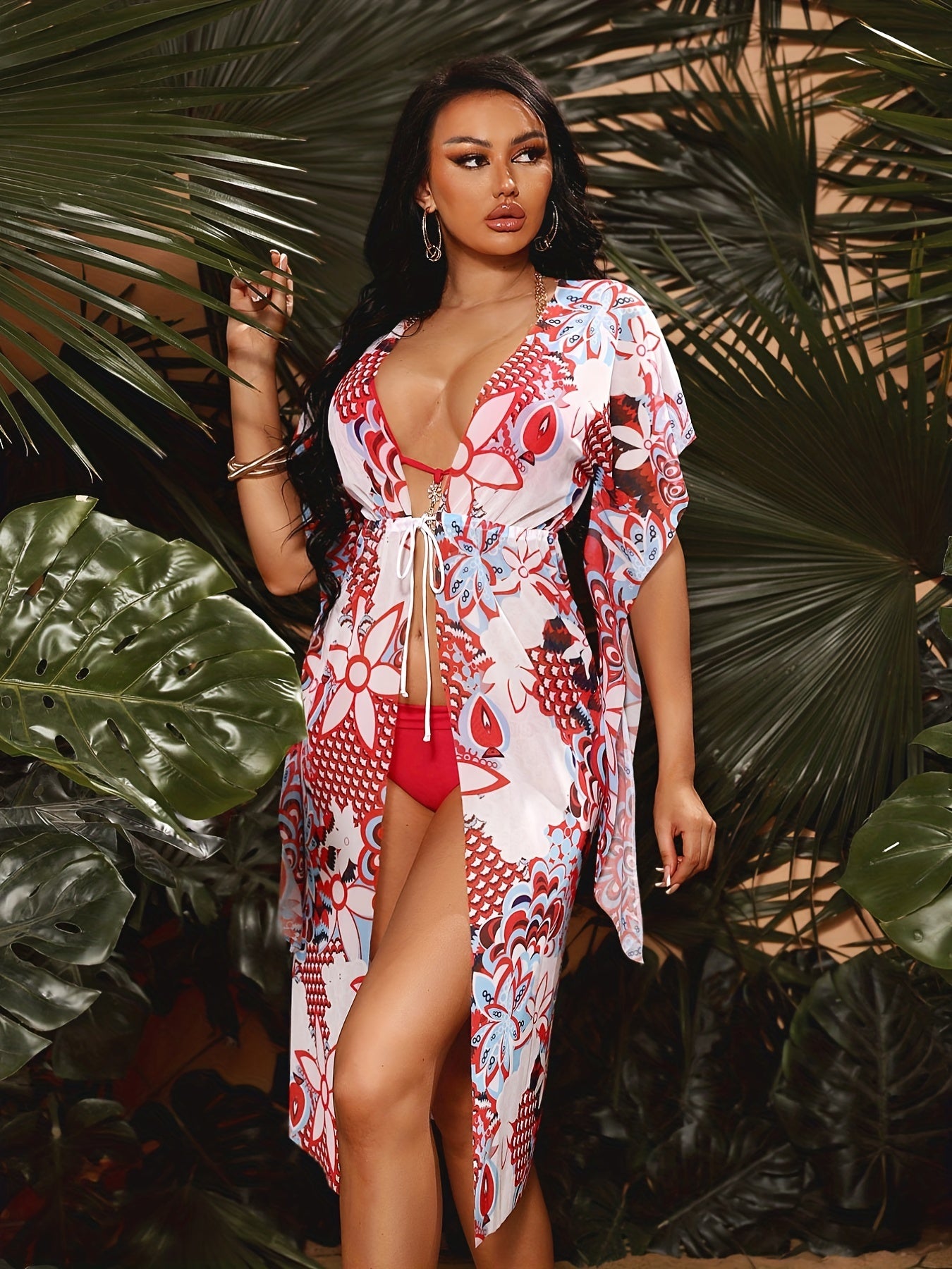 Floral Print Kimono Sleeve Cover Up Dress