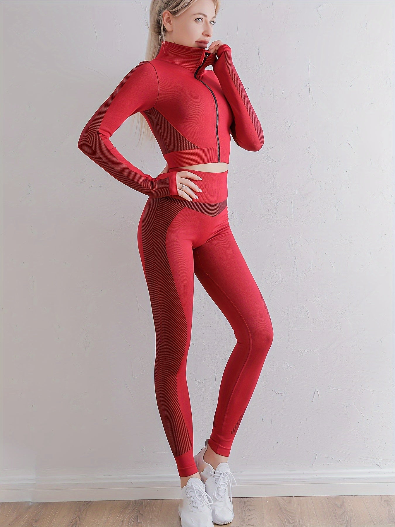 Yoga Workout Set Long Sleeve Zip Sports Top & Butt Lifting Leggings
