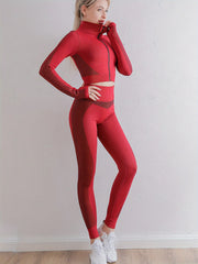 Yoga Workout Set Long Sleeve Zip Sports Top & Butt Lifting Leggings