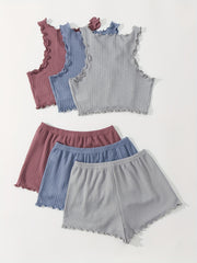 Waffle Pajama Set Solid Comfortable Tank Top & Shorts Women's Loungewear