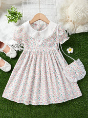 Toddler Girls Casual Short Sleeve Lapel Floral Dress & Matching Bag