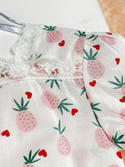Girls Pink Fruit Full Print Lace Square Neck Short Sleeve Shirt
