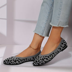 Leopard Print Knit Flat Shoes Soft Sole Slip On Casual Ballet Flats