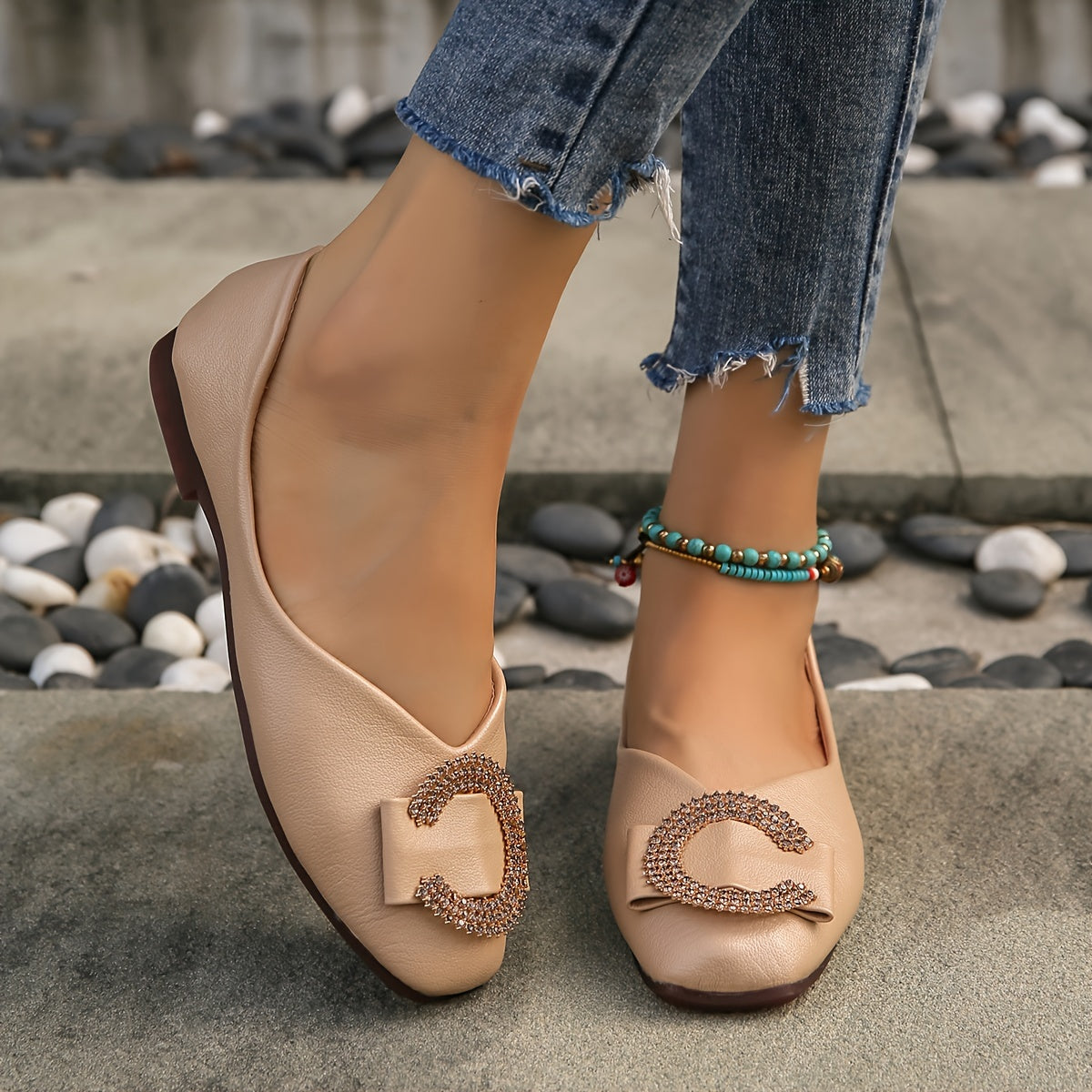 C Buckle Flats Square Toe Slip On Leather Ballet Shoes