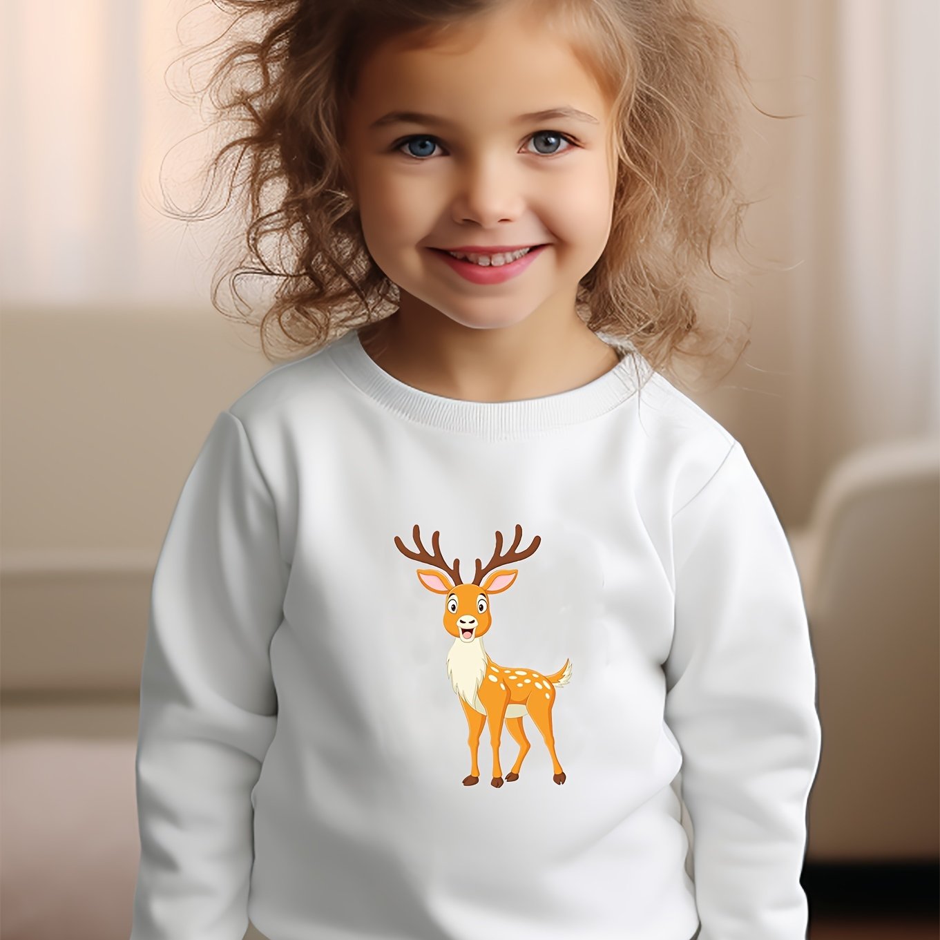 Girls Deer Pattern Crew Neck Sweatshirt for Spring Fall