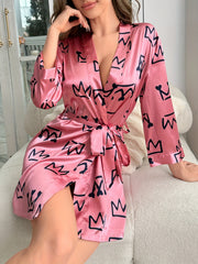 Heart Print Night Robe Long Sleeve V Neck Belt Women's Sleepwear