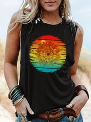 Sunflower Print Round Neck Tank Top for Women