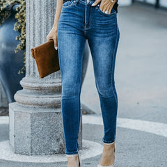 Stretchy Skinny Jeans Slim Fit Mid Rise Washed Denim Pants