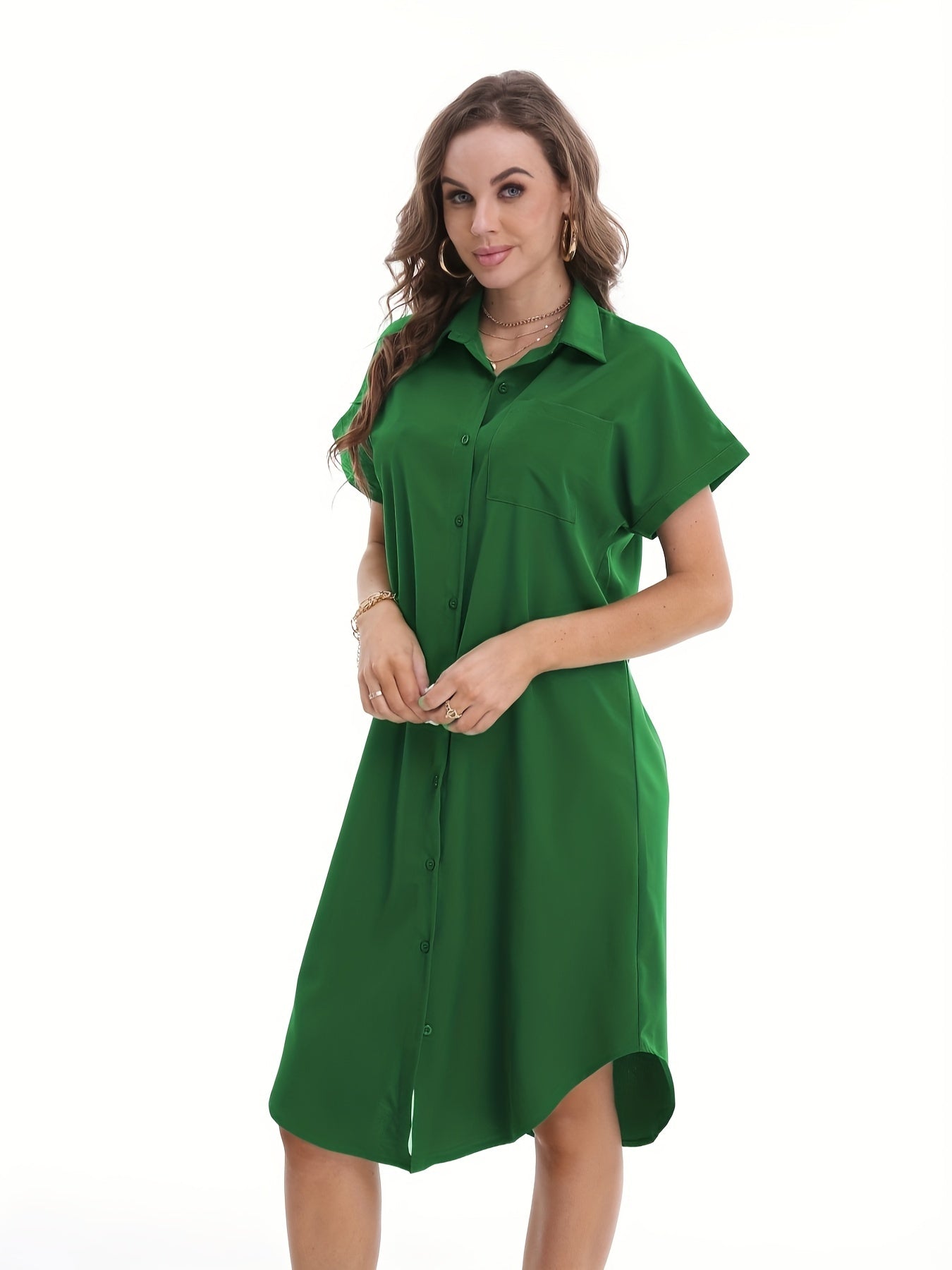 Button Front Shirt Dress Solid Short Sleeve Dress