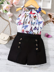 Girls' Leopard Halter Top & Button Shorts Set for Party Beach Vacation