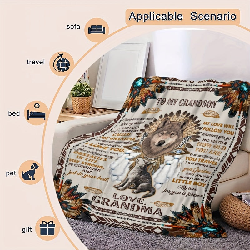 Wolf Pattern Warm Blanket Gift To Grandson