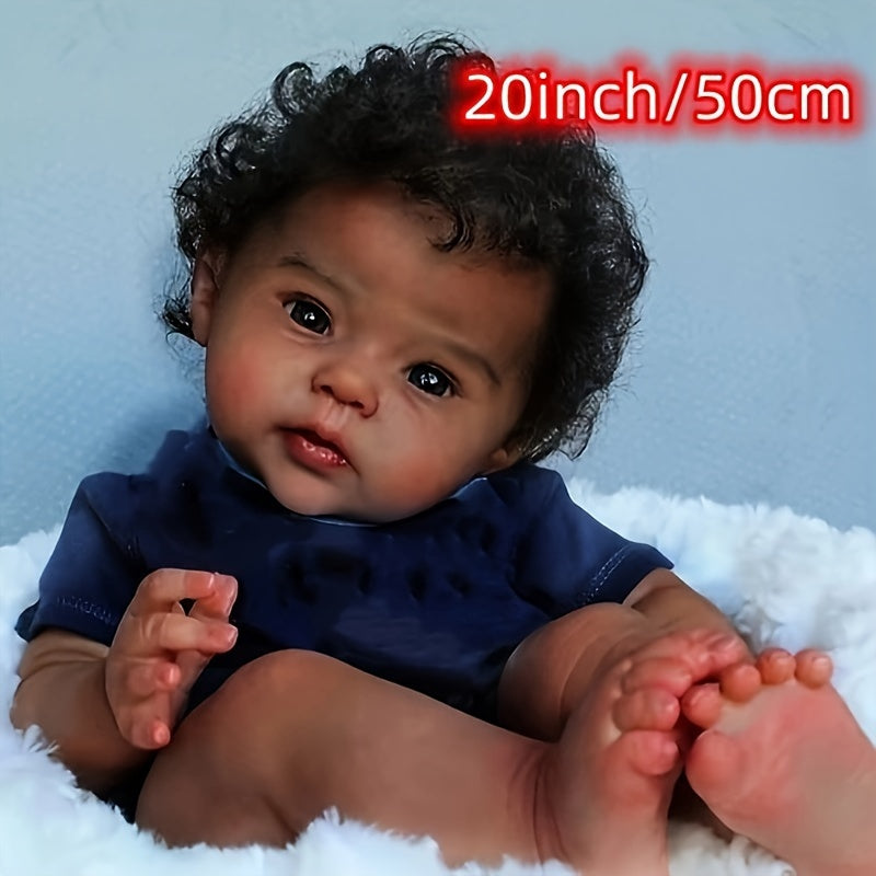 20 Inch Hand Rooted Curly Hair Newborn Doll Dark Brown Skin Soft Touch Dolls