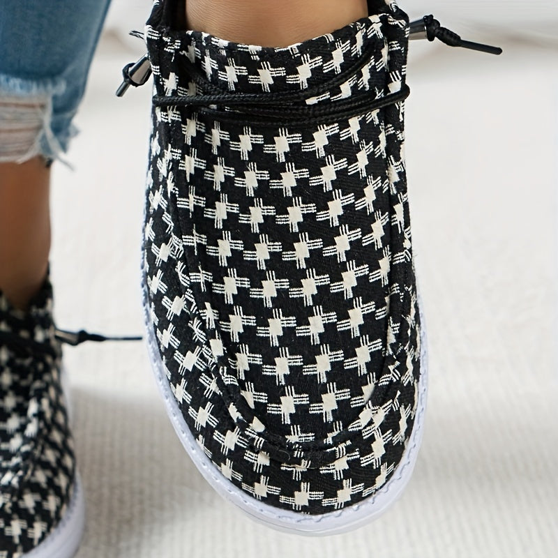 Women's Houndstooth Boat Shoes Lightweight Lace Up Flat Slip On Casual Sneakers