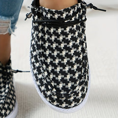 Women's Houndstooth Boat Shoes Lightweight Lace Up Flat Slip On Casual Sneakers