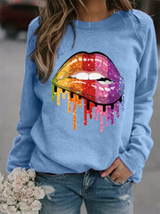 Colorful Lip Print Loose Sweatshirt Casual Long Sleeve