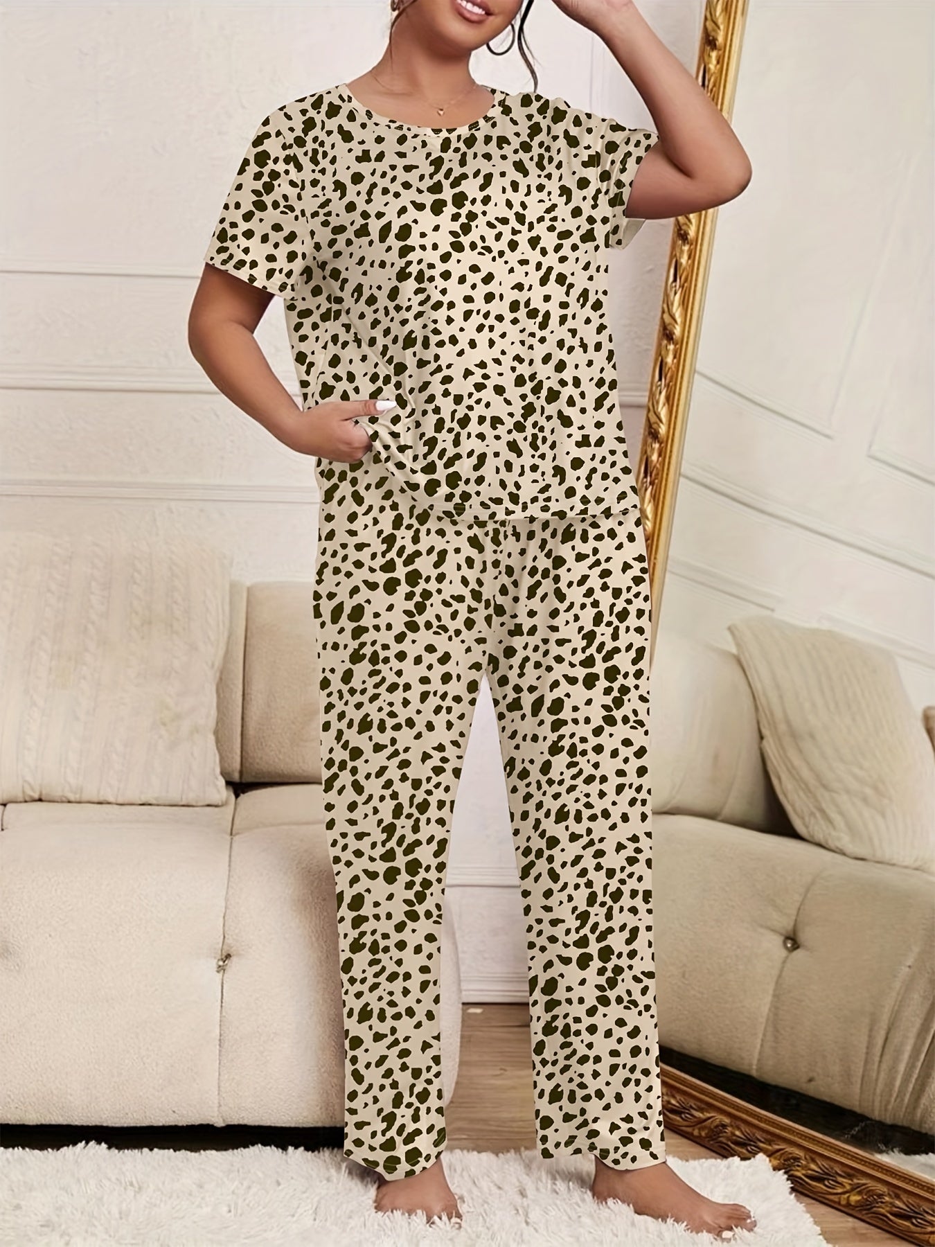 Leopard Print Pajama Set Short Sleeve Tee & Pants Lounge Set