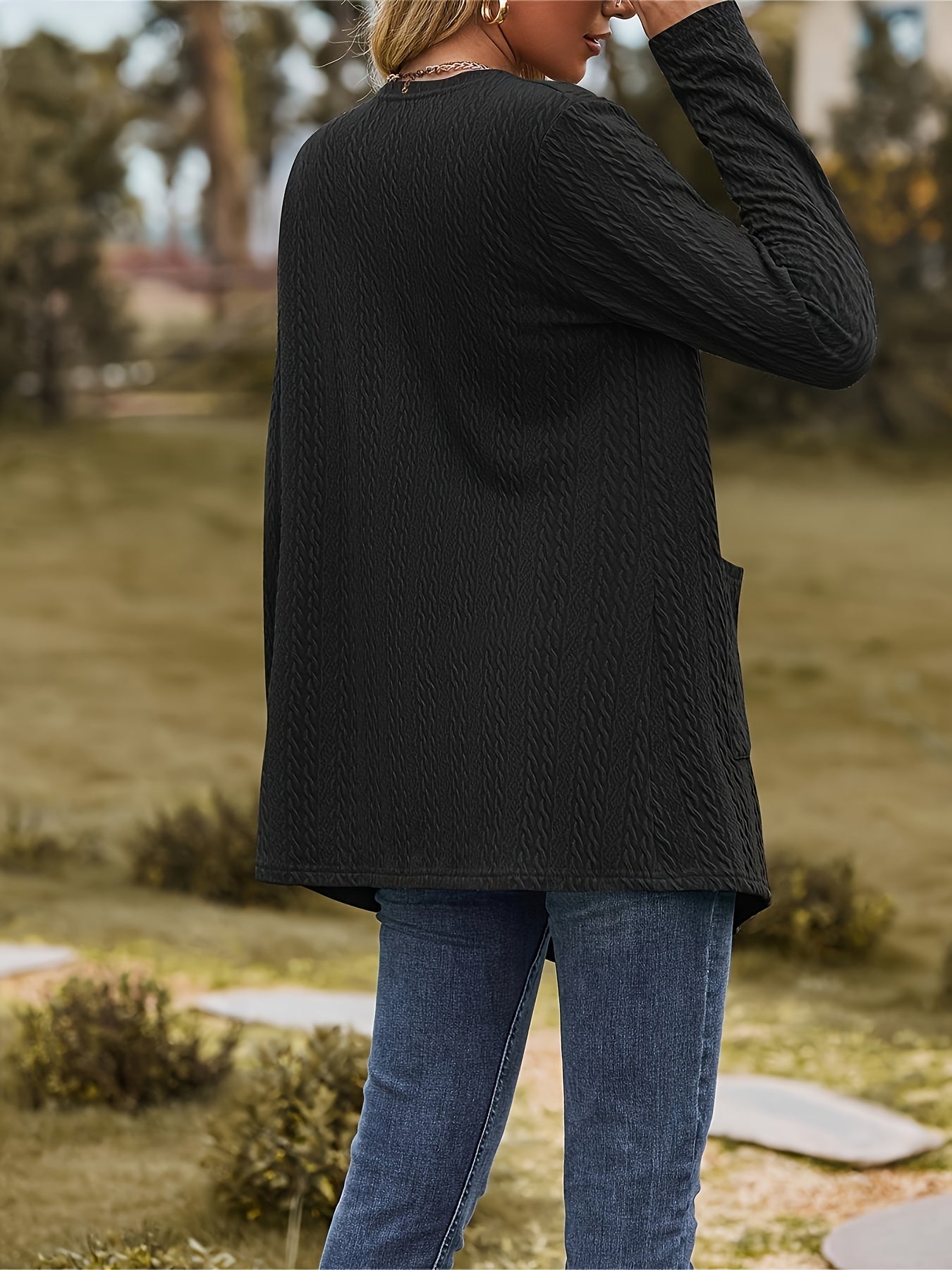 Solid Cable Long Sleeve Cardigan with Pockets
