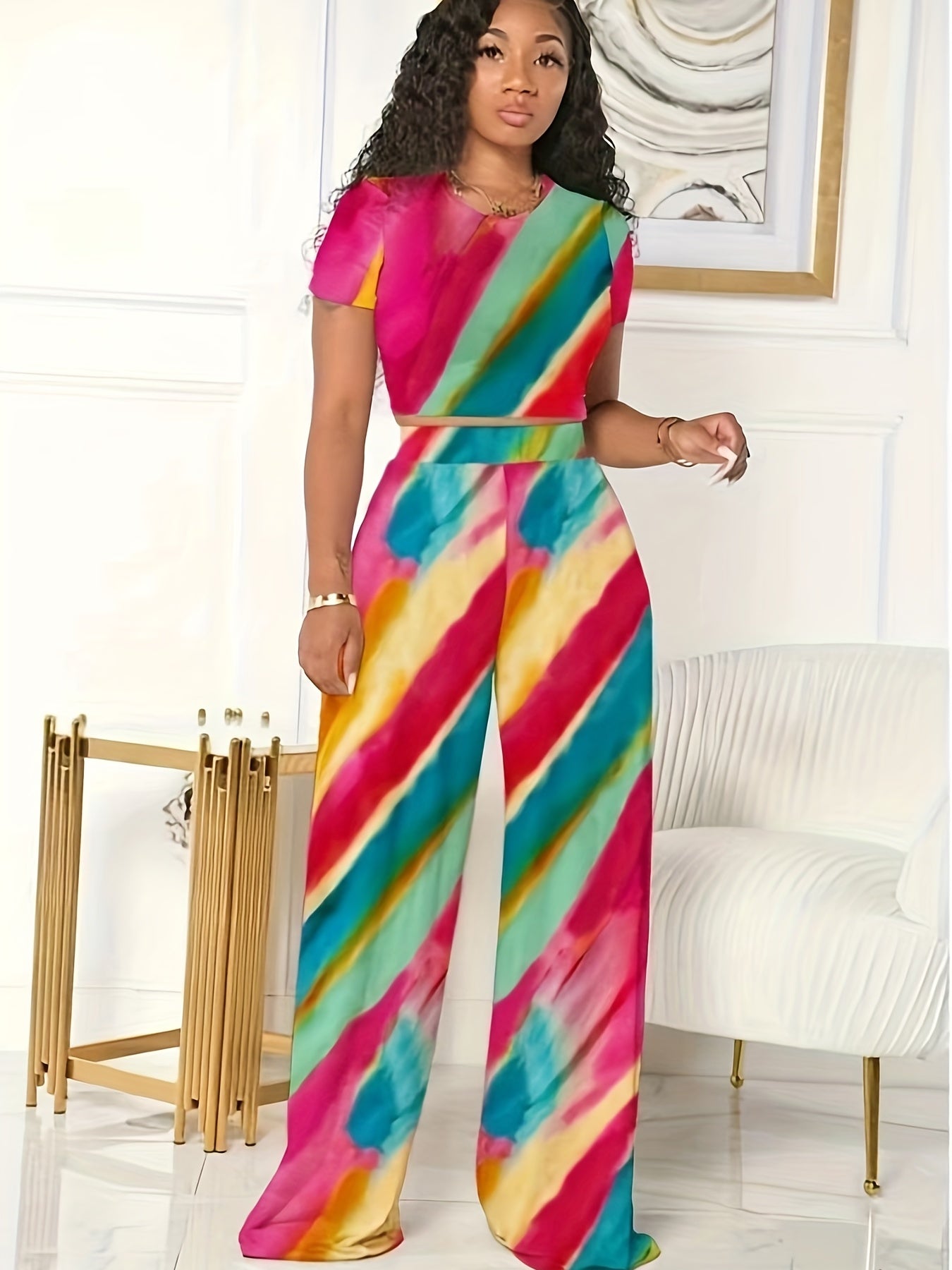Colorful Stripe Print Crop Top & Wide Leg Pants 2 Piece Set