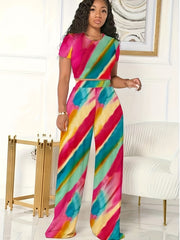 Colorful Stripe Print Crop Top & Wide Leg Pants 2 Piece Set