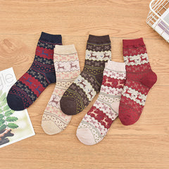 5 Pairs Elk Christmas Crew Length Socks Women's Stockings & Hosiery