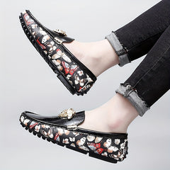 Men's Floral Print Slip On Loafers Smart Casual Walking Shoes