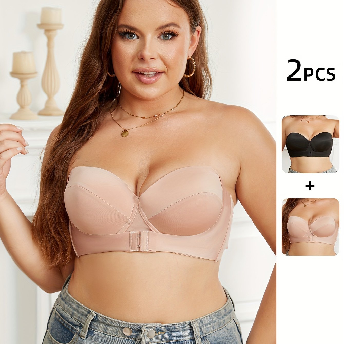 2 Pack Plus Size Strapless Front Hook Bandeau Bras Set