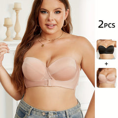 2 Pack Plus Size Strapless Front Hook Bandeau Bras Set