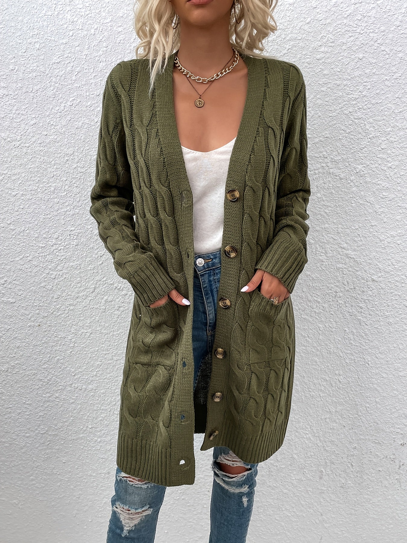 Button Up Pocket Cardigan Long Sleeve Mid Length Cardigan