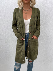 Button Up Pocket Cardigan Long Sleeve Mid Length Cardigan