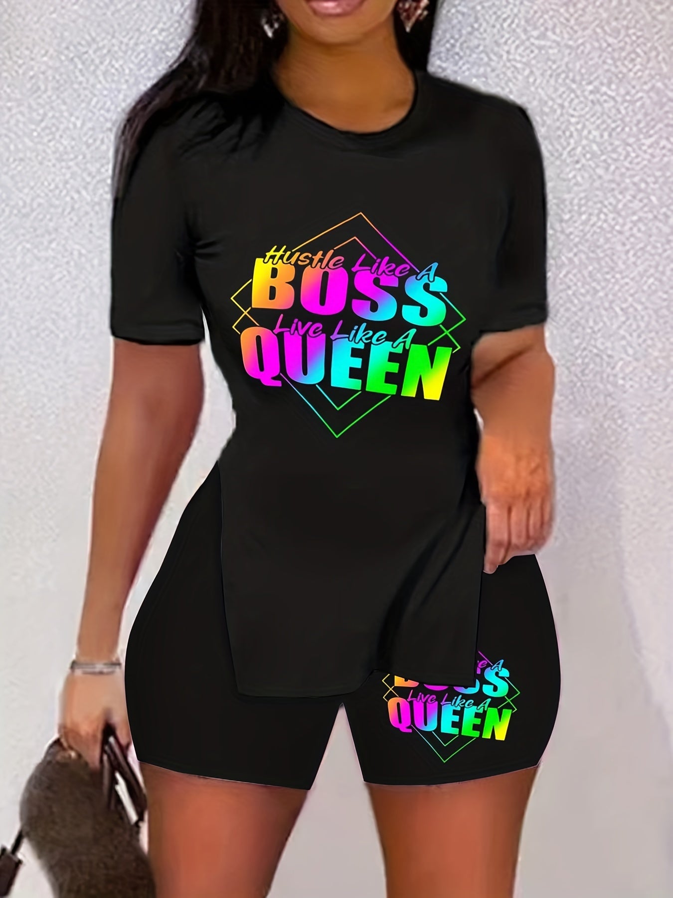 Queen Letter Print Short Sleeve Two Piece Set Casual T Shirt & Biker Shorts