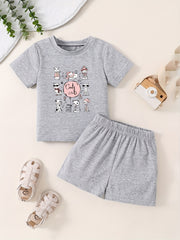 Toddler Short Sleeve T shirt & Shorts Set Cartoon Pattern Comfy Summer Outfit