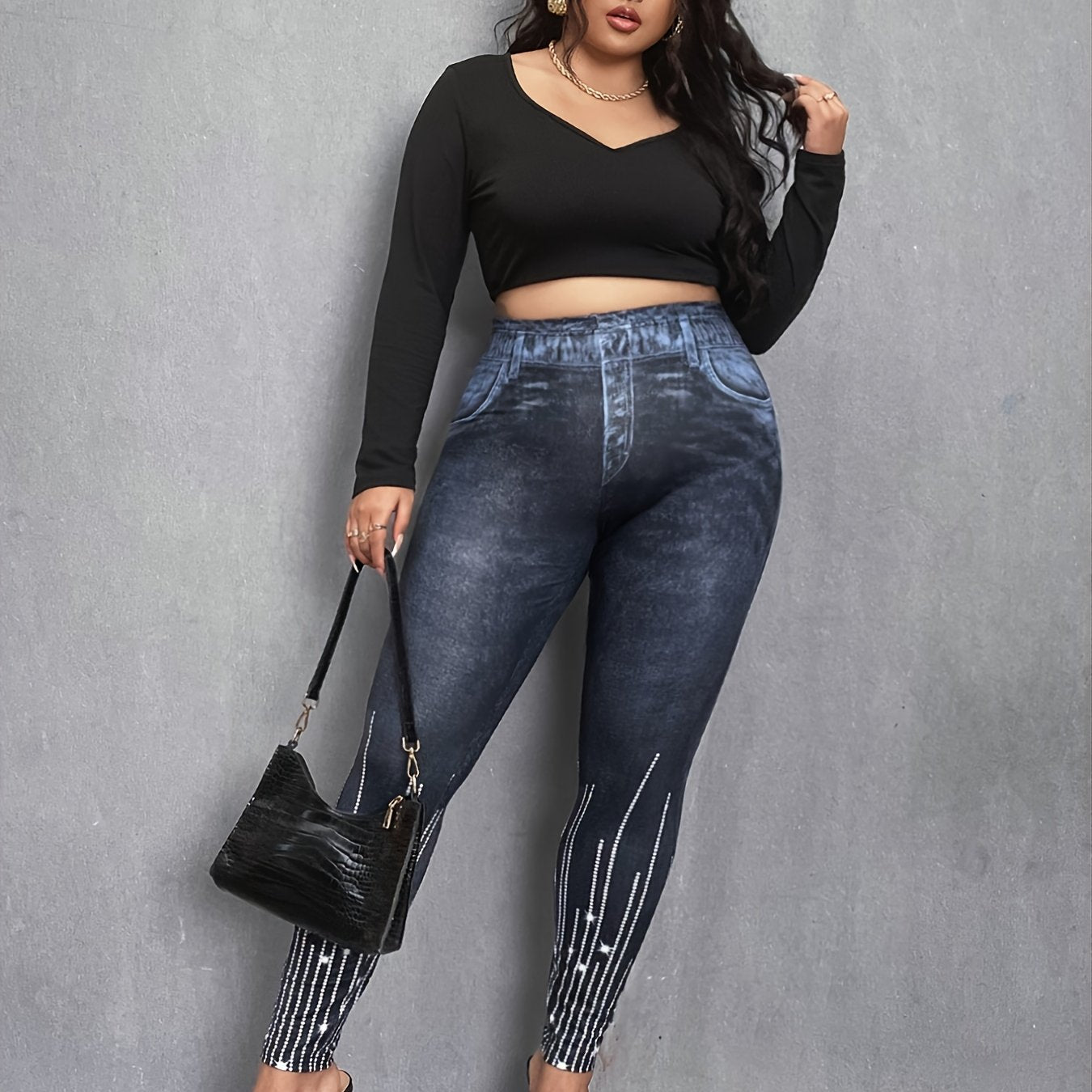 3D Denim Rhinestone Print High Rise Leggings Plus Size