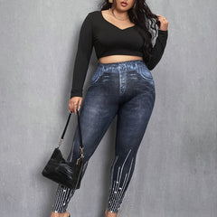 3D Denim Rhinestone Print High Rise Leggings Plus Size