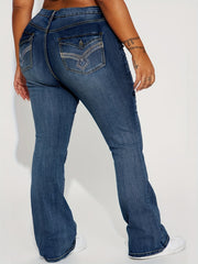 Plus Solid Button Up High Rise Flared Leg Jeans With Embroidered Pockets