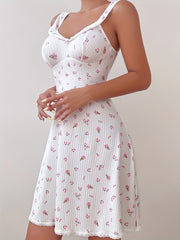 Floral Print Lace Trim Nightdress V-Neck Sleep Dress