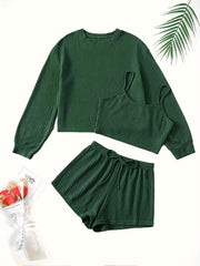 Waffle Knit Lounge Set - Three Piece Pajama Set
