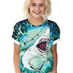 Kids Shark Print Short Sleeve T shirt - Boys Girls Summer Tees