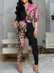 Casual Contrast Print Two piece Set Long Sleeve Shirt & High Waist Pants