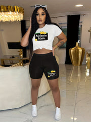 Women's Plus Lemon & Letter Print Short Sleeve Top & Shorts Two Piece Set