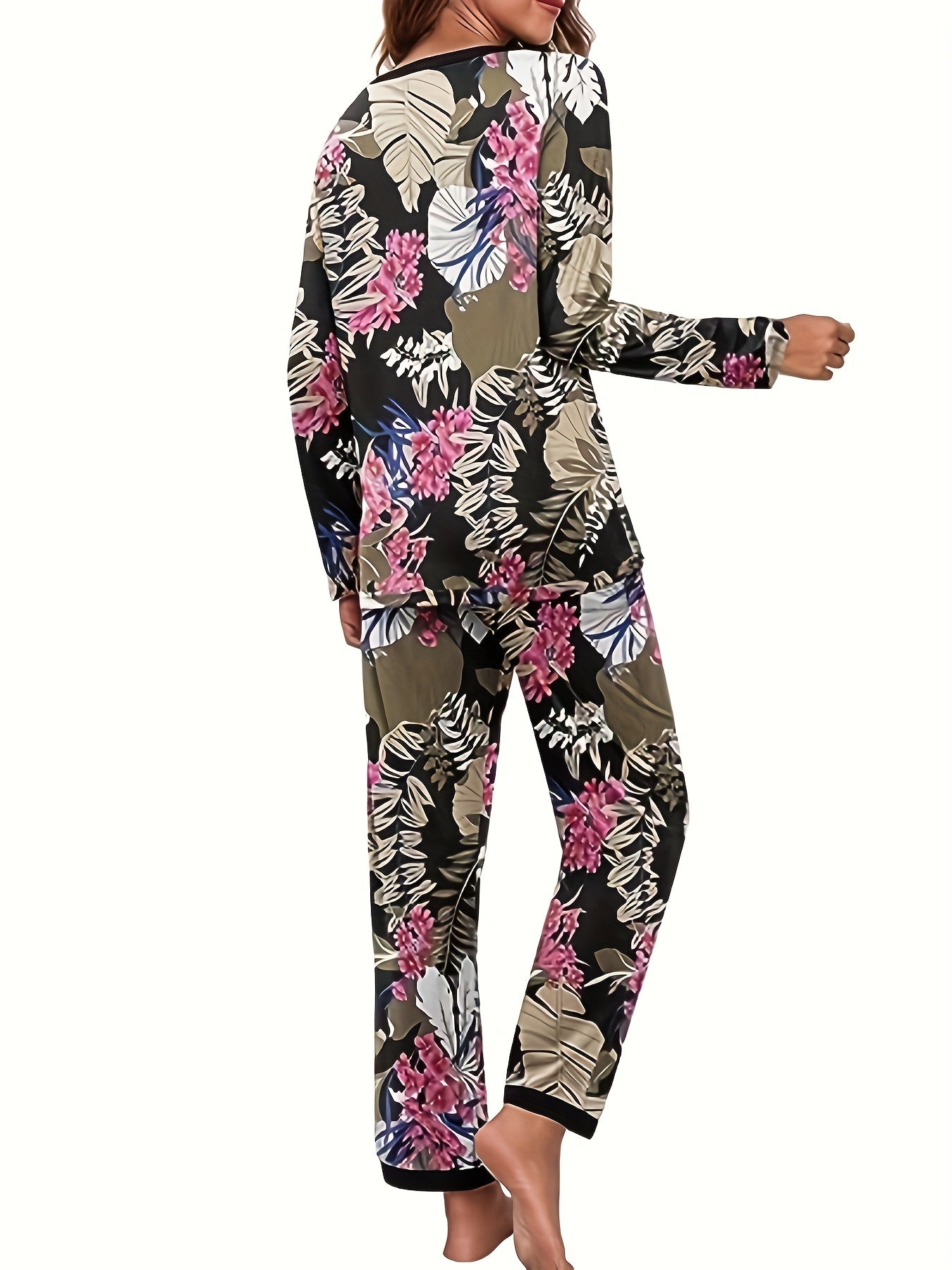 Pattern Print Lounge Set Long Sleeve Crew Neck Top & Pants Women's Loungewear