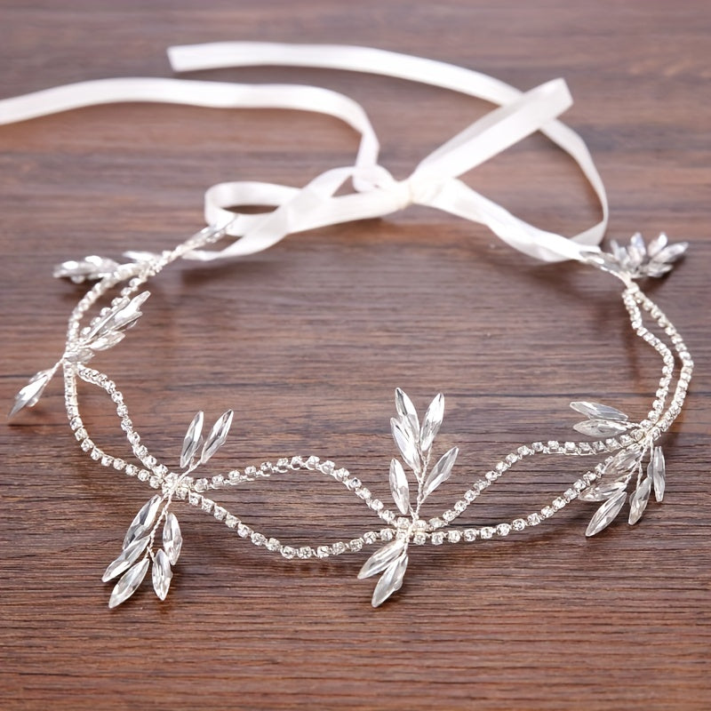 Rhinestone Headband With Long Ribbon Bridal Head Piece Hair Accessories